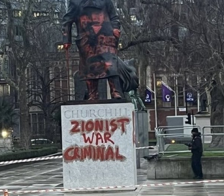 Pro Palestine Activists Deface Churchill Statue with ‘Zionist War Criminal’ Graffiti image