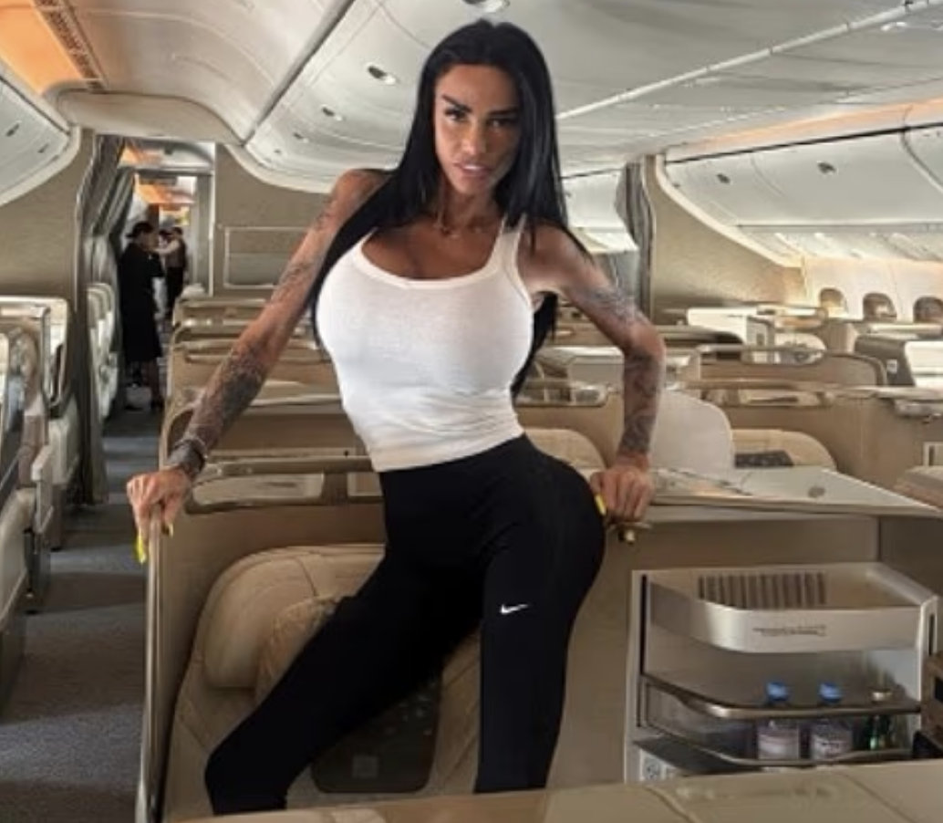 Katie Price Flaunts Entire Plane Cabin to Herself En Route to War Torn Dubai for Husband Reunion