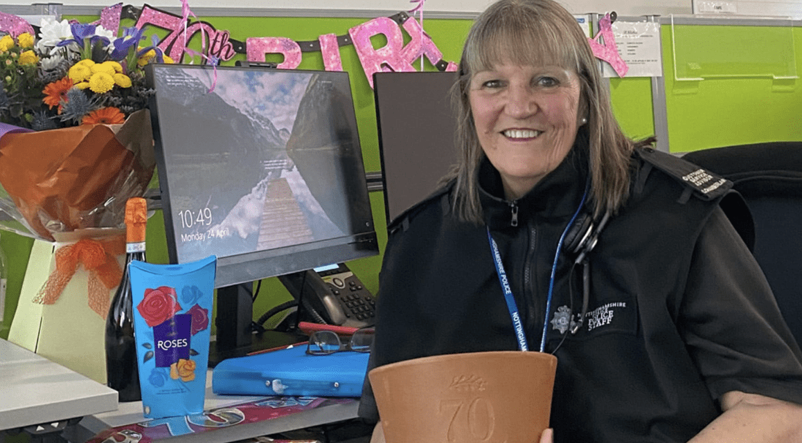 A 999 Call Handler Enjoyed A “wonderful” Surprise Ahead Of Her 70th birthday – As Police Colleagues Adorned Her Workstation With Balloons, Flowers And Gifts