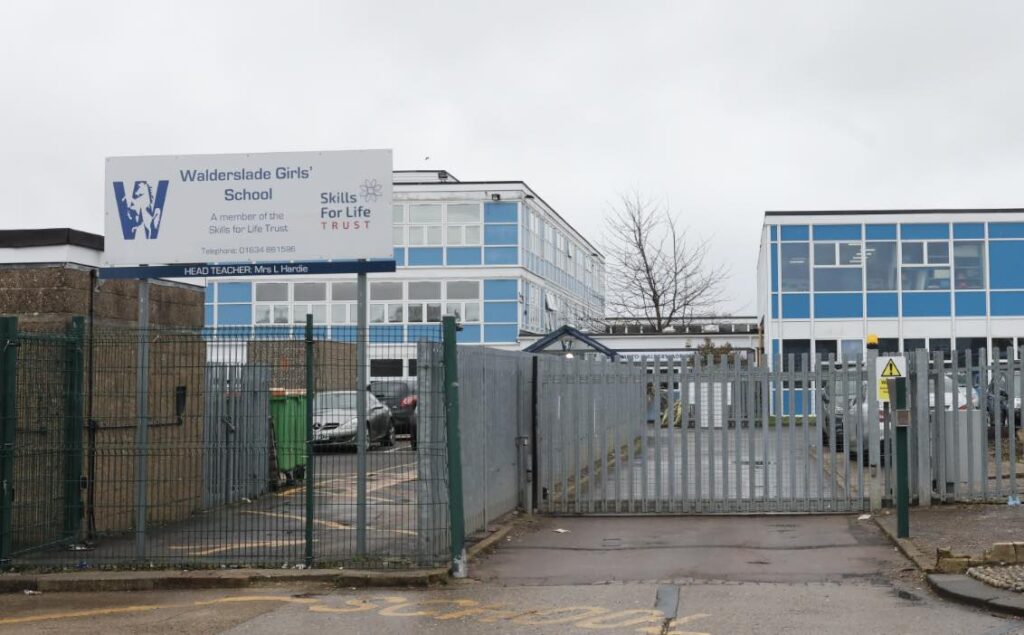 The shocking video shows a 13-year-old girl being punched in the head repeatedly and viciously at Walderslade Girls School in Chatham may…