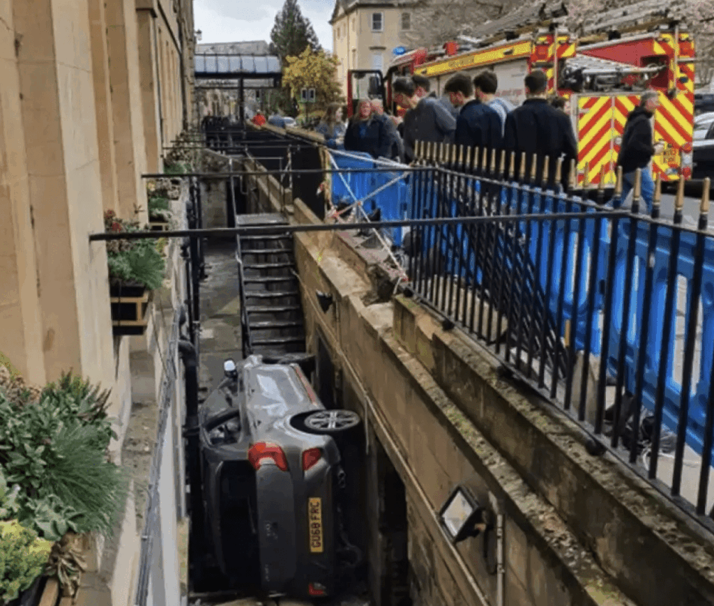 After A Car Became Wedged Against The Basement Windows Of A Historic Hotel In Bath, A 19-year-old Man Was Arrested On Suspicion Of Drink-driving
