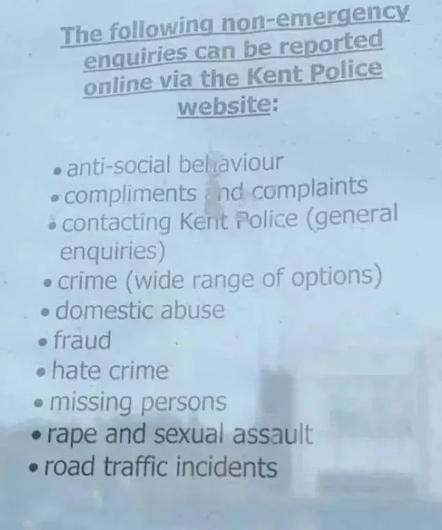 Kent Police Is Under Fire After Internet Users Shared Images Of A Poster Displayed In Its Maidstone Station Window That Classified Rape And Sexual Assault As 'non-emergency' Crimes.