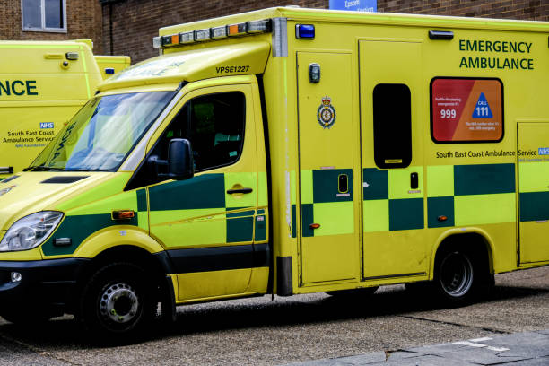 London, UK, May 12, 2020, Parked Ambulances Service Vehicles In South London, UK, NHS Emergency Medical Response Vehicles, With No People During Coronavirus COVID 19