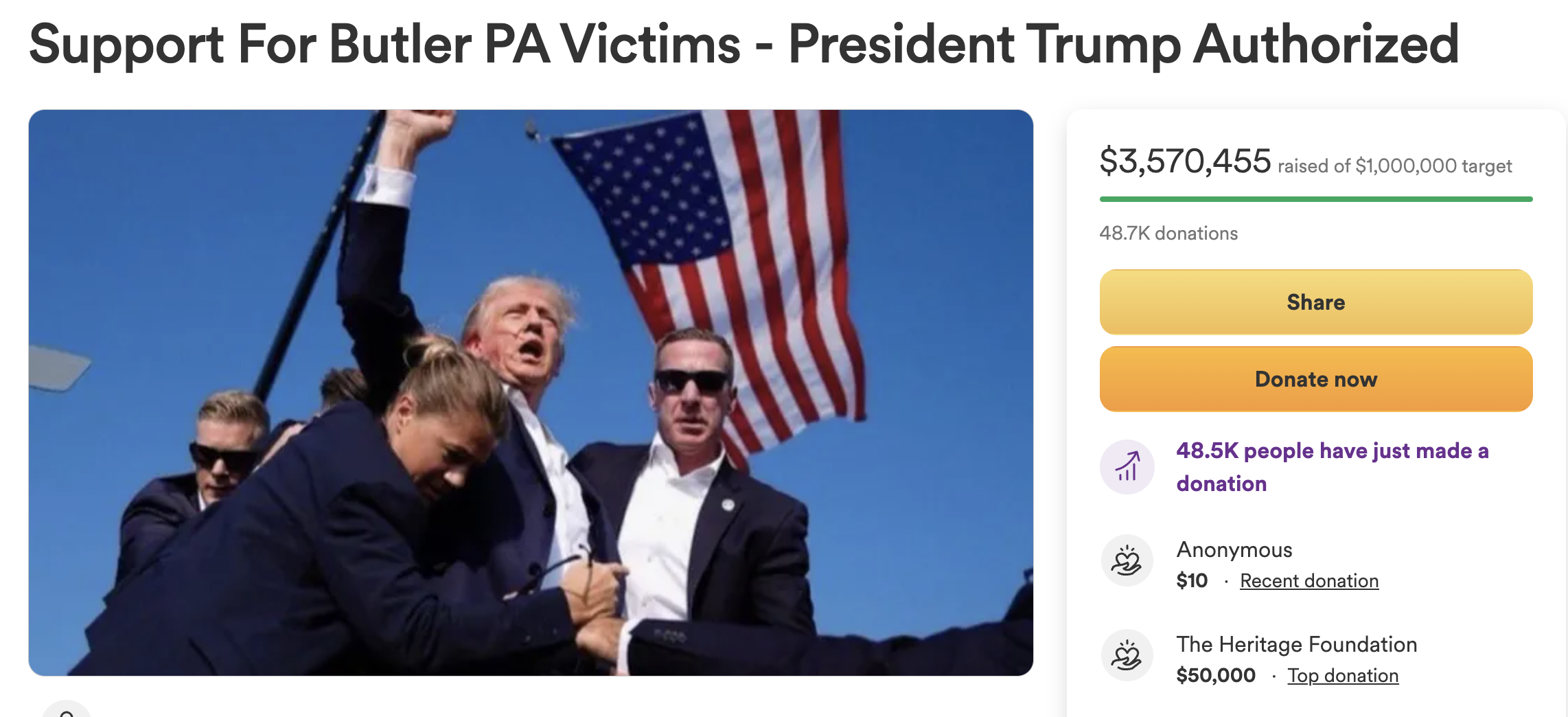 Shooting at Donald Trump Campaign Rally in Butler, Pennsylvania Leaves One Dead and Three Injured with GoFundMe donations surpassing $3.36 million within 24 hours