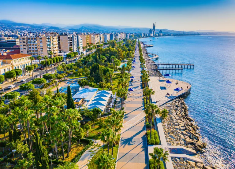 stock photo limassol cyprus the seafront of limassol molos bay panorama by drone hotels on limassol 1415088647