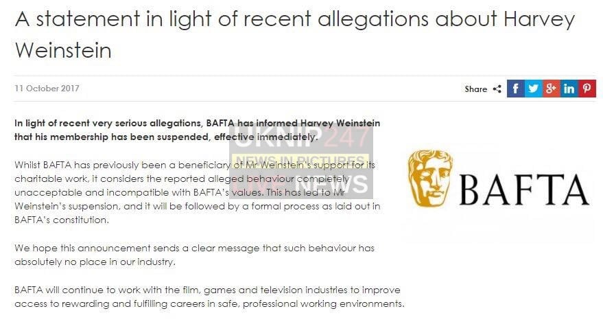 Bafta Has Informed Harvey Weinstein That His Membership Has Been Suspended