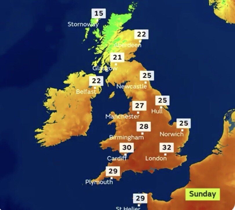 Highs of 32 in London and the South today