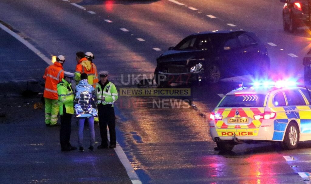 Two Lanes closed on the M25 near Chertsey  after vehicle  aquaplanes and ploughs into Barriers
