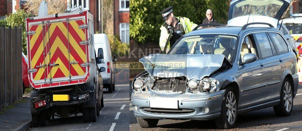 Jaguar Hits Guildford Council Bin Lorry on Worplesdon Road — One Hurt, Traffic Chaos Ensues