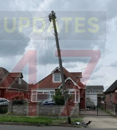The dramatic moment after a car loses control and wipes out telephone pole in Portchester
