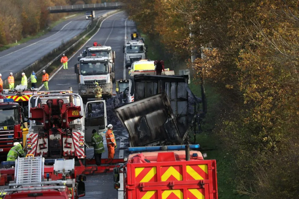 M2 in Kent Remains Closed for Hours After HGV Textile Lorry Blaze Causes Major Road Damage