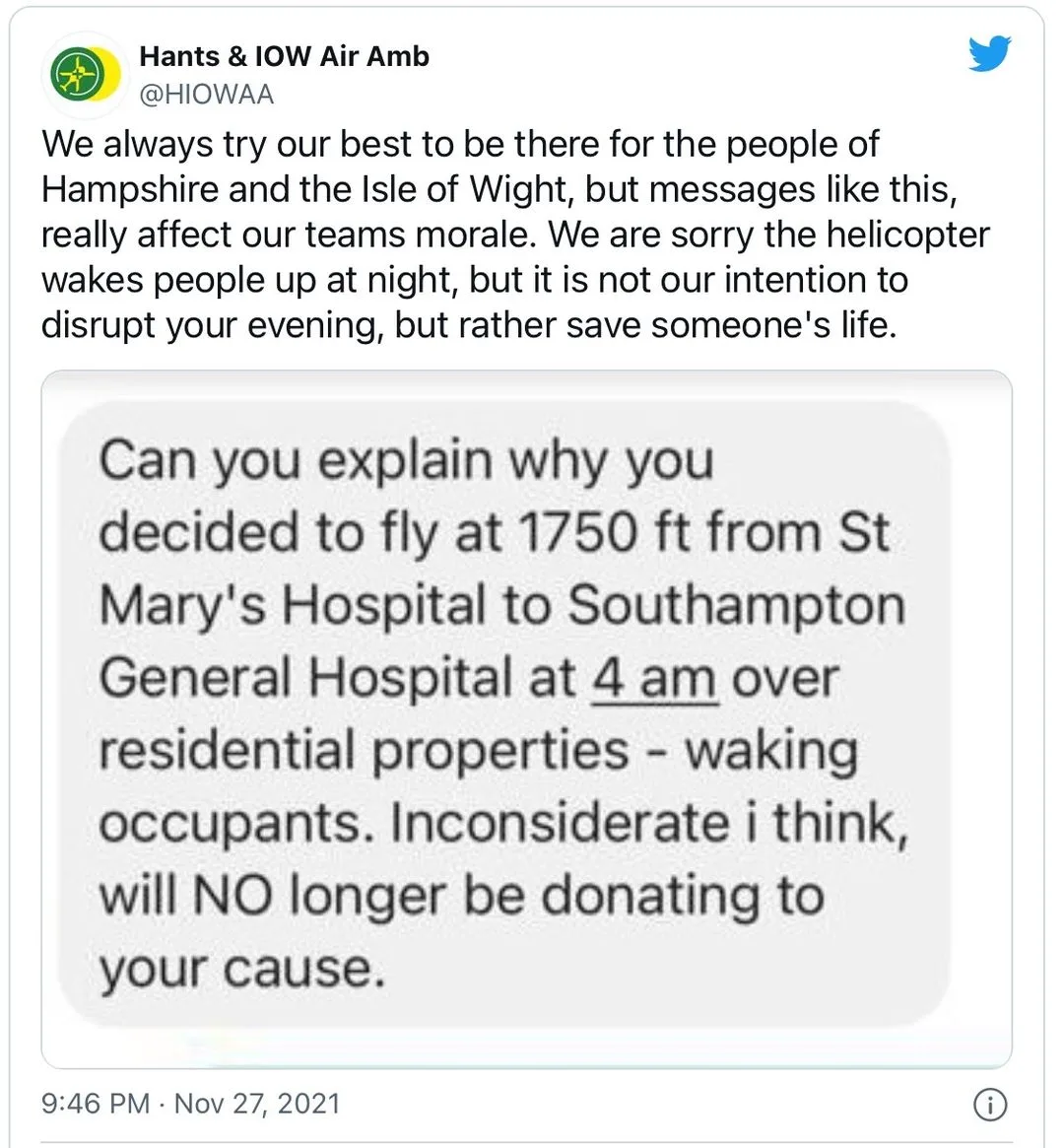 Air Ambulance Hounded for 4am Rescue Flight – Public Calls Complainer “Selfish”