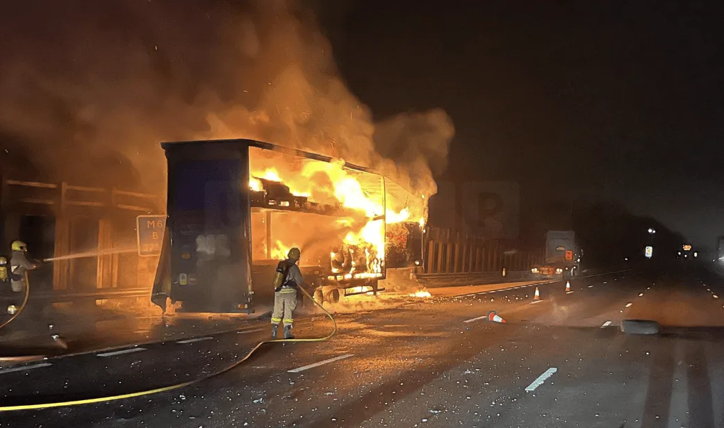 M6 Chaos: Massive Tyre-Filled HGV Blaze Shuts Southbound Between J18 and J17