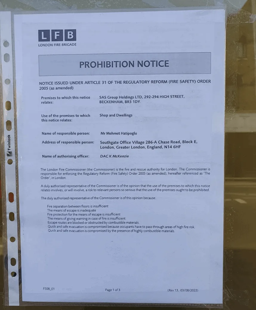 Beckenham Kebab Shop and Flats Shut Over ‘Serious’ Fire Safety Failings by London Fire Brigade