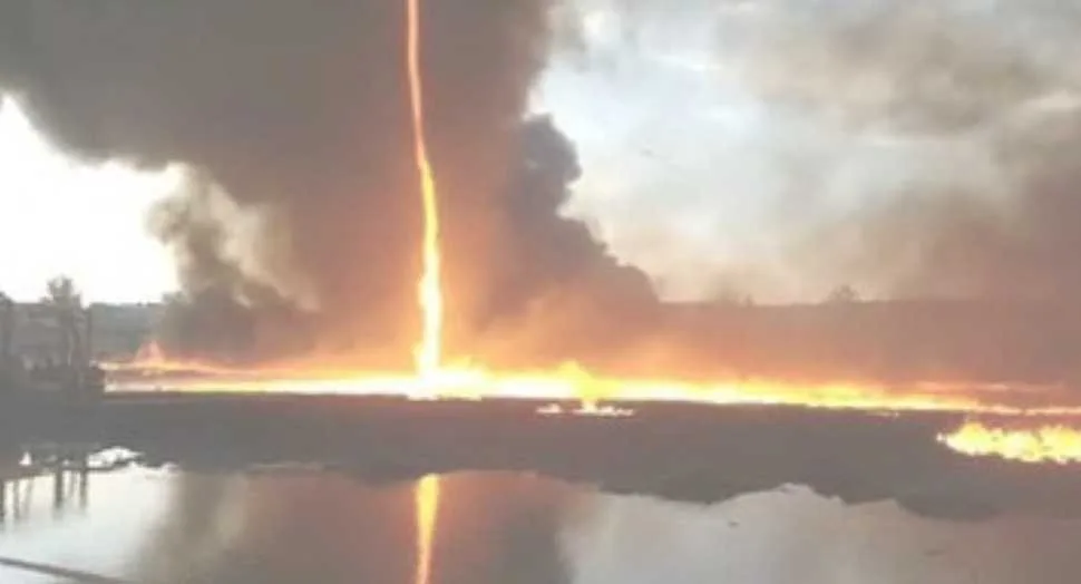 Rare Firenado Spins Amid Towering Flames as 50 Firefighters Battle Massive Derbyshire Factory Blaze