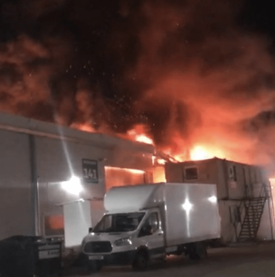 Pinewood Studio workshop destroyed by fire after sixty fire fighter battle to stop blaze from spreading to second building