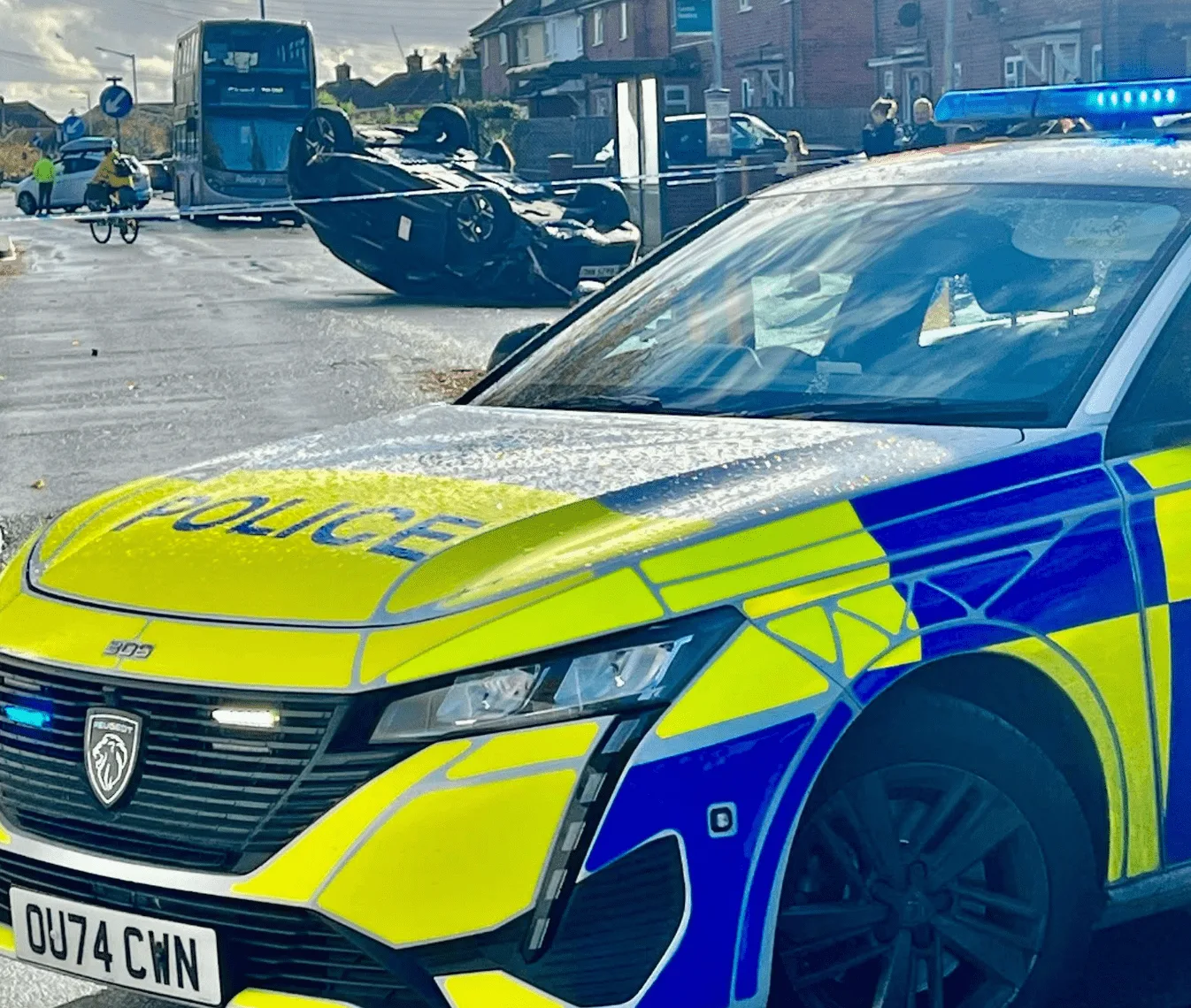 Car Flips After Crashing Bus Shelter in South Reading – Route 5 Buses Rerouted, Chaos on Northumberland Avenue