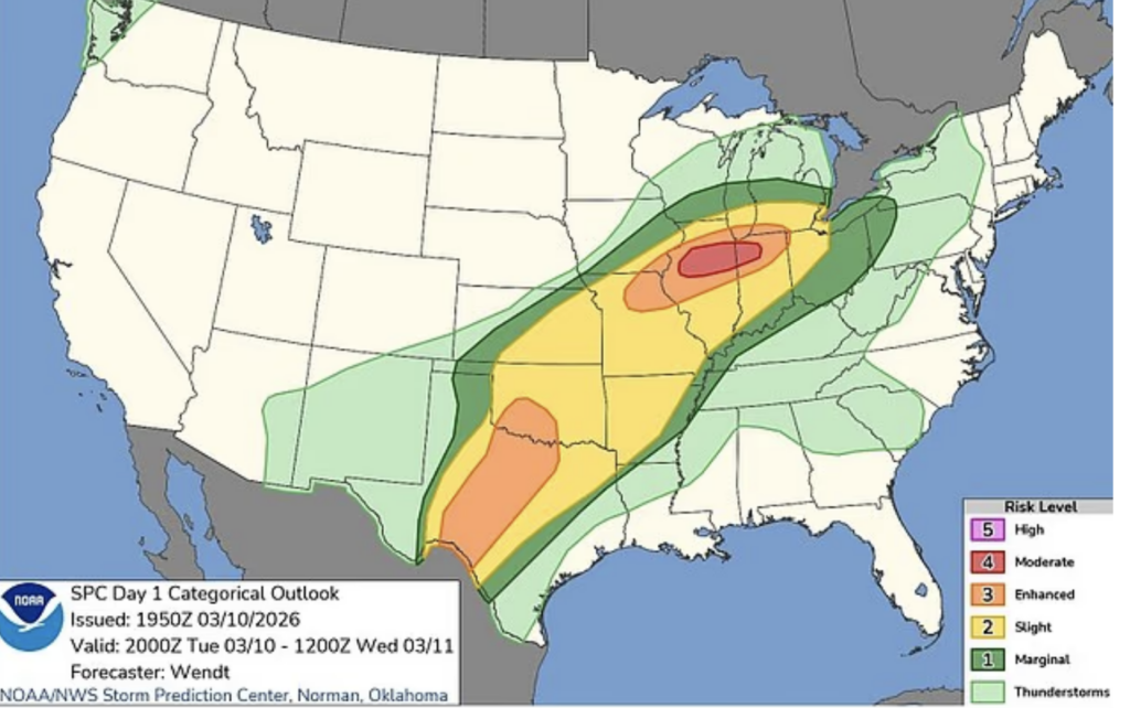 Millions in 10 US States Brace for Severe Tornado Outbreak Tonight
