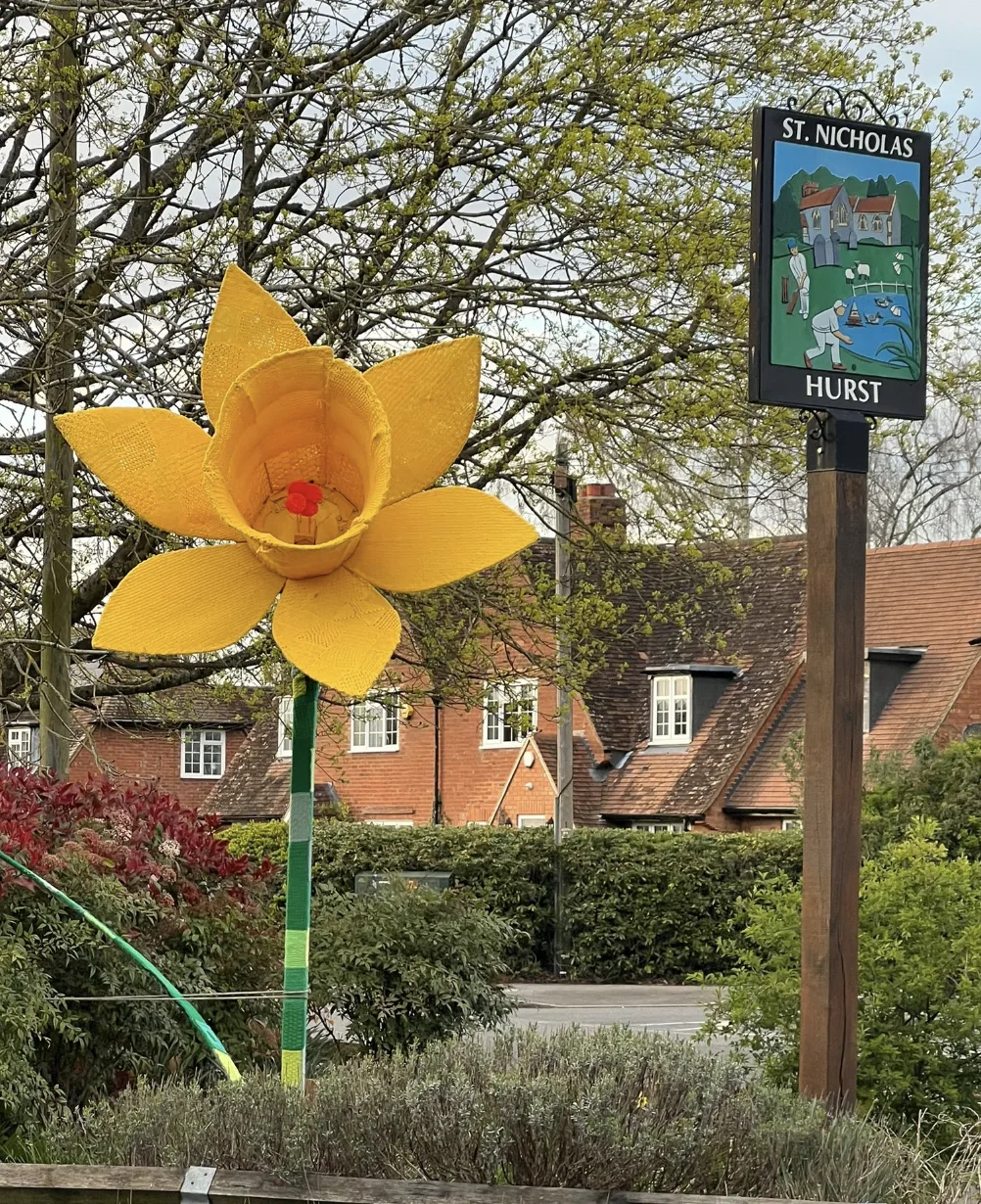 Hurst Village Buzzes with Giant 14ft Daffodil and Charming Easter Crochet Creatures
