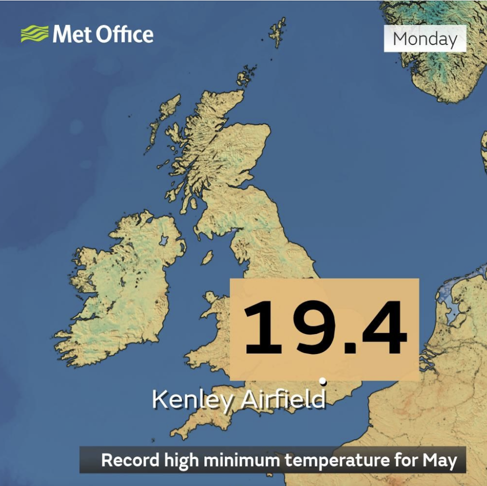 UK Records Highest May Overnight Temperature at Kenley Airfield