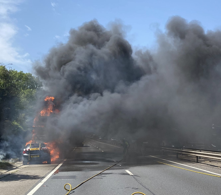 Fire Crews Battle Vehicle Carrier Blaze on A12 Southbound at Witham