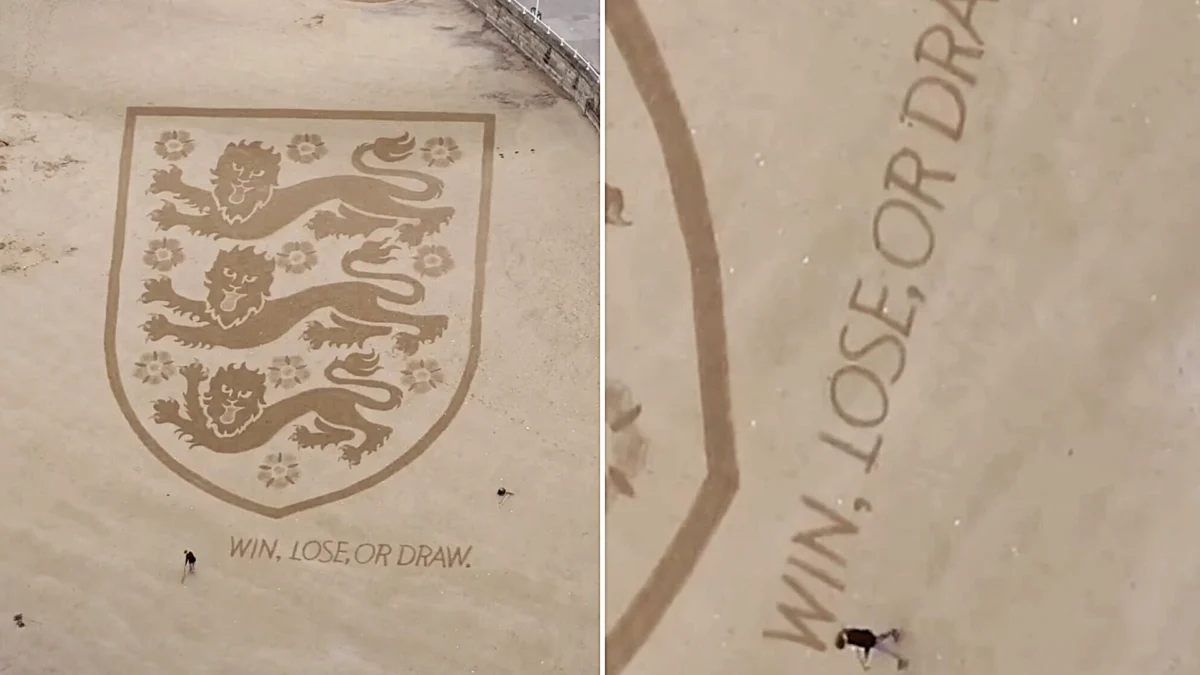 Artist Creates Giant England Badge with Domestic Abuse Message on Yorkshire Beach