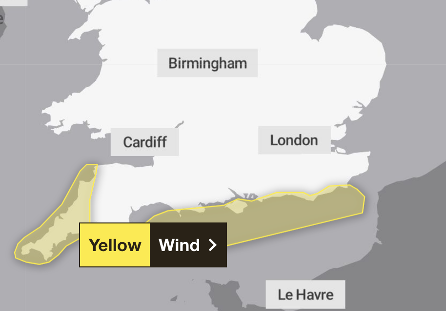 Yellow Wind Warning For South West and South East England Today