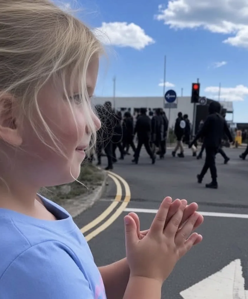 Young girl pictured clapping demonstrators as march passes through Dover