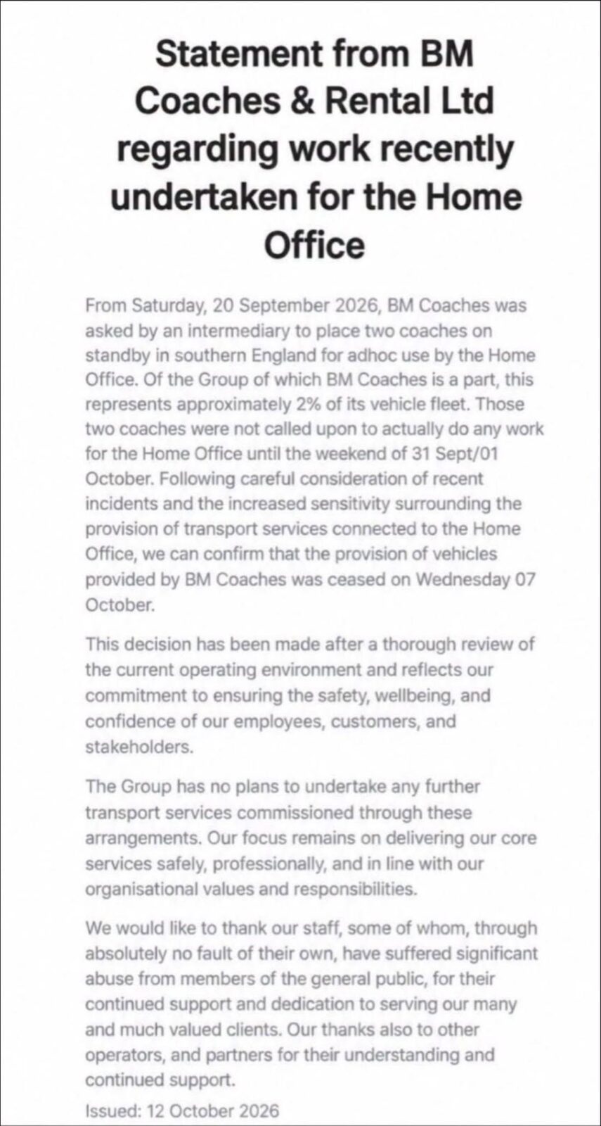 Coach company withdraws from Home Office migrant transport work after staff abuse and vehicle damage