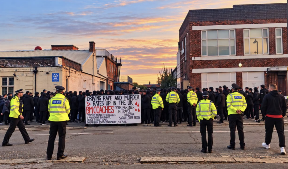 Patriot Platform protesters block BM Coaches depot during anti-migrant demonstration