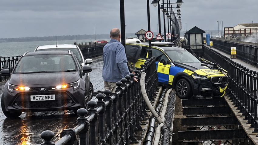 Police officers escape injury after patrol car crashes through Ryde Pier railings
