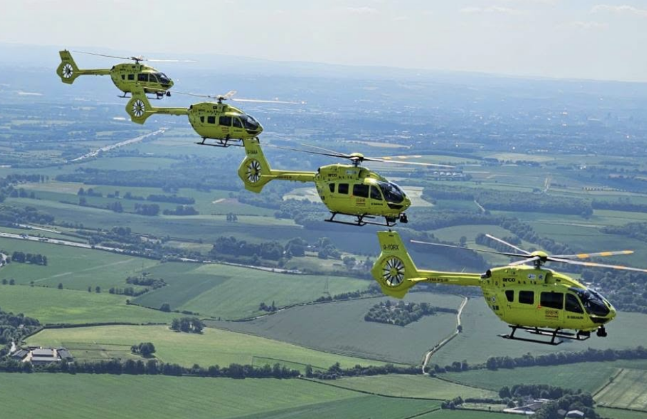 Four Yorkshire Air Ambulance helicopters take to the skies in rare formation flight